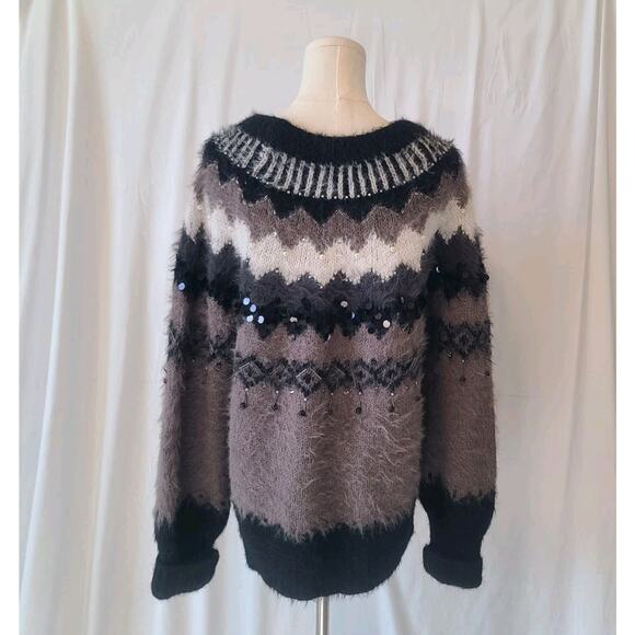 Anthropologie Sleeping On Snow Gray Black Fair Isle Bubble Sleeve Sweater Large - Picture 6 of 7